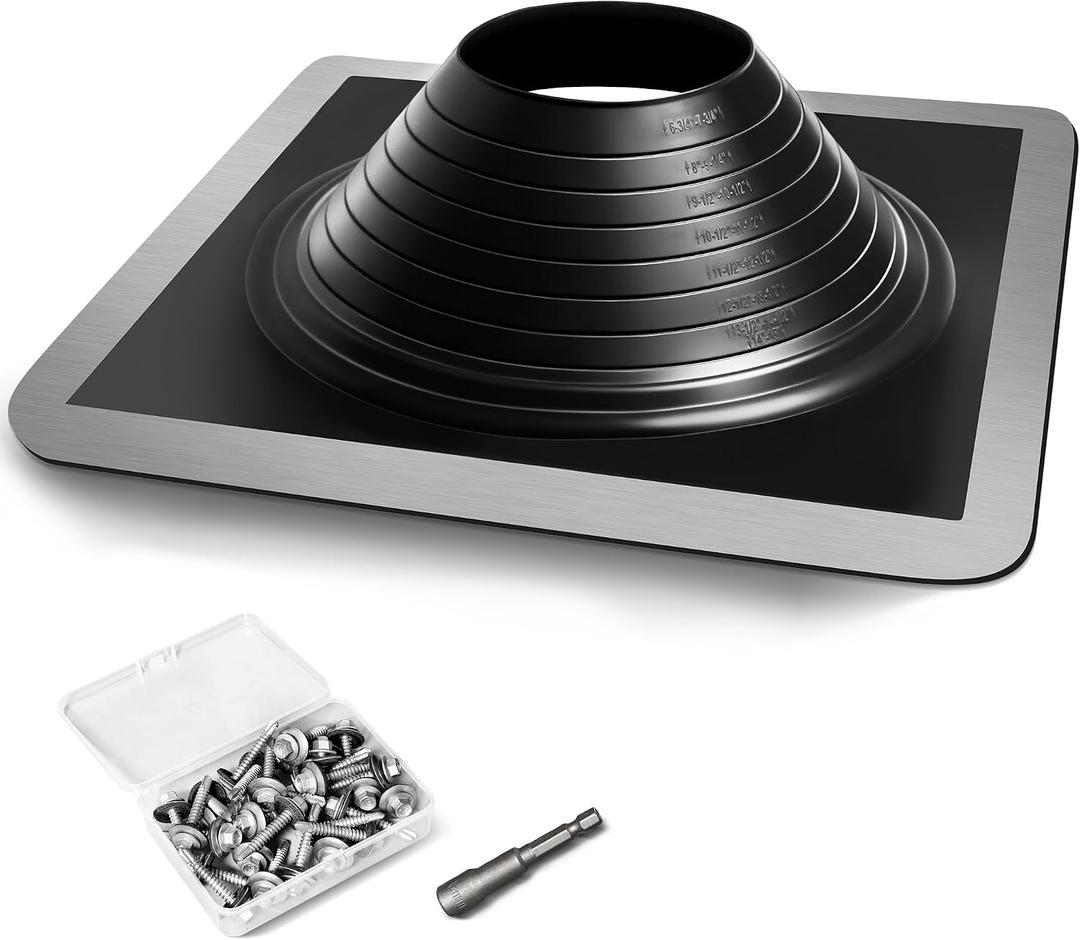 #8 Epdm Metal Roof Vent Boot, Flexible Roofing Boots Fits Pipe Od 6 3/4'' to 15'', Metal Roof Jacks Flashing for Houses Includ Roofing Screws & Hex, Black/ 1 Pcs