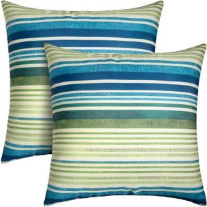Pack of 2 18x18 Outdoor Pillows, Waterproof Throw Pillows with Inserts, Decorative Patio Pillows for Garden, Couch, Furniture, Sofa, Bed, Living Room(Stripe Blue Green)
