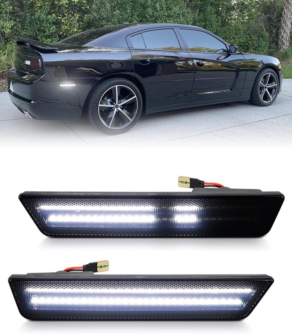 Dynamic White LED Rear Side Marker Lights for 2008-2014 Dodge Challenger &2011-2014 Charger, Smoked Lens Bumper Sidemarker Lamps with Dual Row, pack of 2