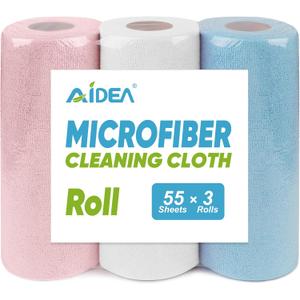 AIDEA Microfiber Cleaning Cloth Roll 165 Sheets(3 Roll), Tear Away Microfiber Towels, Reusable Paper Towels, Washable Shop Rags, Scratch Free, Absorbent Dish Rags for Car, Home, Shop, 11" x 9"