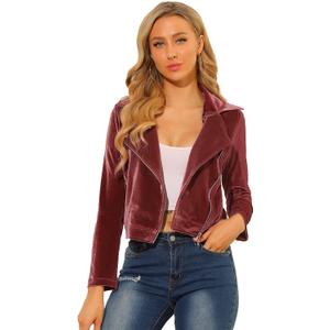 Allegra K Women's Velvet Moto Jacket Cropped Blazer Zip Up Motorcycle Lapel Collar Winter Dressy Jackets Coat 2025 XL
