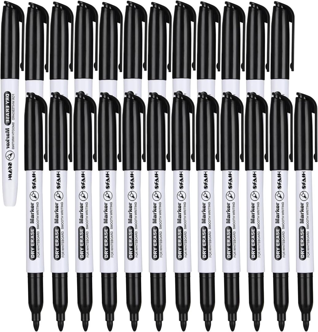 SFAIH Fine Tip Dry Erase Markers - 24 Pack Black Whiteboard Erasable Markers Bulk for Kids Adults, Ideal for Classroom School Office Home Use on White Board, Non-Toxic Easy Clean