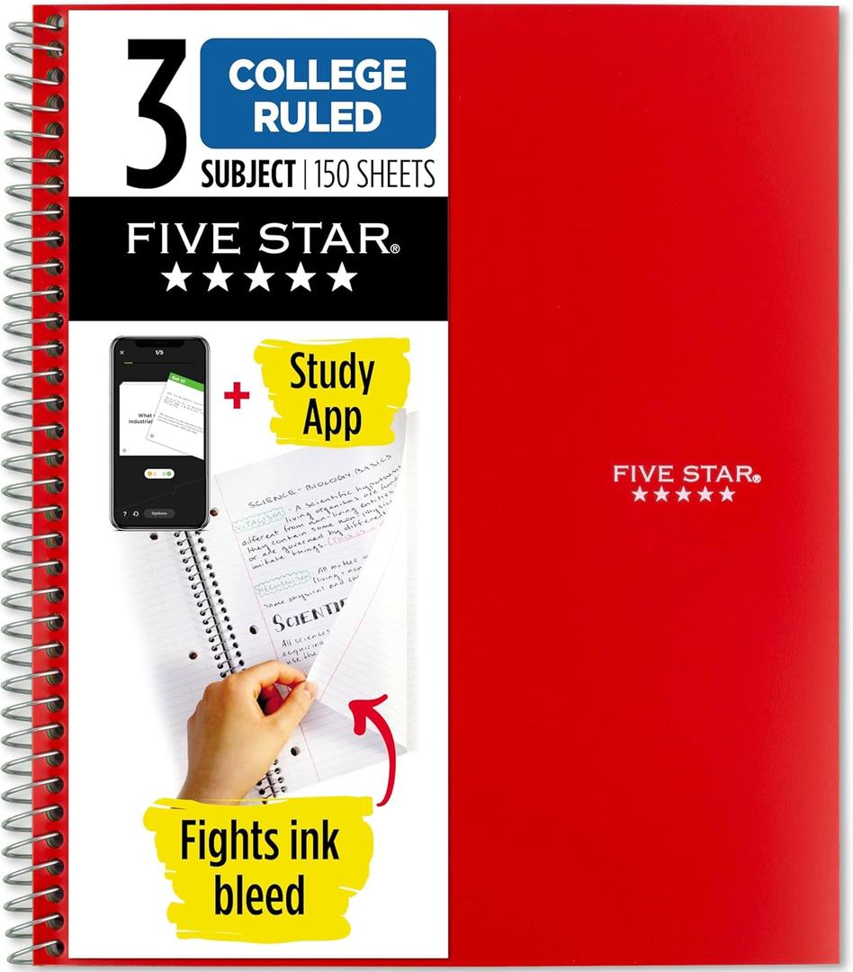 Five Star Spiral Notebook + Study App, 3 Subject, College Ruled Paper, 8-1/2" x 11", 150 Sheets, Fights Ink Bleed, Water Resistant Cover, Fire Red (72065)