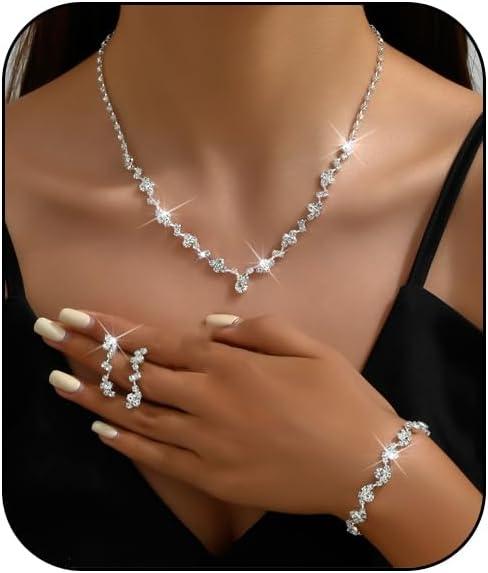 Prom Earrings Necklace Bracelet Set Elegant Crystal Necklace Earrings Bracelet Bridal Wedding Prom Costume Jewelry Sets for Women (Silver)