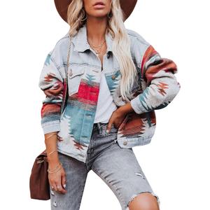 HangNiFang Aztec Denim Jacket Shacket for Women Button Down Vintage Distressed Blue Jean Jacket (Medium)