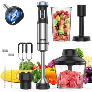 Ganiza Immersion Blender Handheld, 6 in 1 Hand Blender Stainless Steel Blade, 15 Speed Stick Blenders Electric, 800ml Mixing Beaker, 600ml Chopper, Whisk, Frother, Potato Masher (Black)