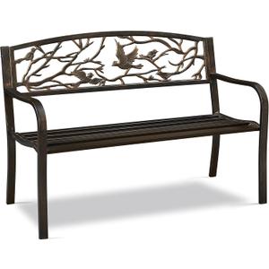 Yaheetech Outdoor Garden Bench Patio Furniture Chair Outdoor with Vintage Bird Pattern Backrest, Slatted Seat, Antique Metal Bench for Yard & Porch & Park, Bronze