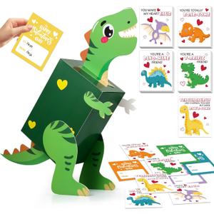 Dinosaur Valentines Day Box and Cards for Kids School, Valentines Day Gifts for Kids with Valentine Dino Card for Classroom Exchange, Party Favor (1 Dinosaur Box, 32 Valentine Cards, 1 Teacher Card)