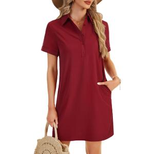Rooscier Women's Button Down Collared Neck Side Pockets Short Sleeves Casual Mini Dress (Medium)