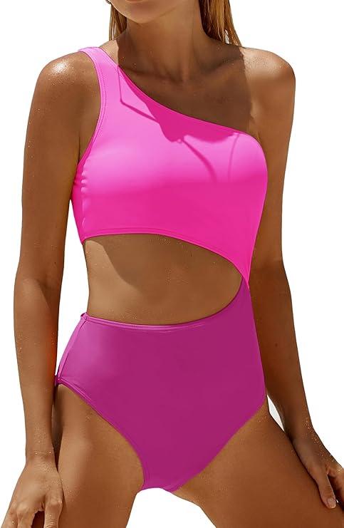 YONIQUE Women's One Piece Swimsuit- One Shoulder Bathing Suit Cutout Tummy Control Swimwear, Medium
