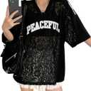 BEAUDRM Women's Oversized Lace Jersey Y2k Letter Graphic V Neck Short Sleeve Baggy Tee Shirts (L)