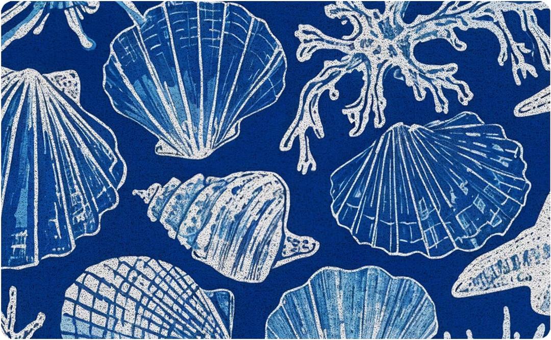 Coastal Beach Door Mat, Blue Ocean Coral Shell Starfish Welcome Mats Doormat for Front Door Porch Indoor Outdoor Entrance Entryway, Beach Themed Bath Mat, 17x30 Inch