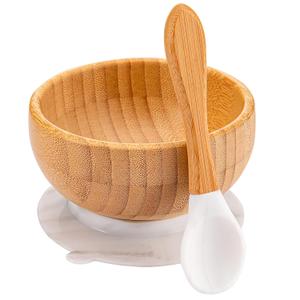 Baby Bamboo Bowls with Suction and Matching Spoon Set, 3 Piece Feeding Supplies Set for Infant, Toddlers, Detachable Silicone Suction Stay Put Base for Wooden Bowl, Plate