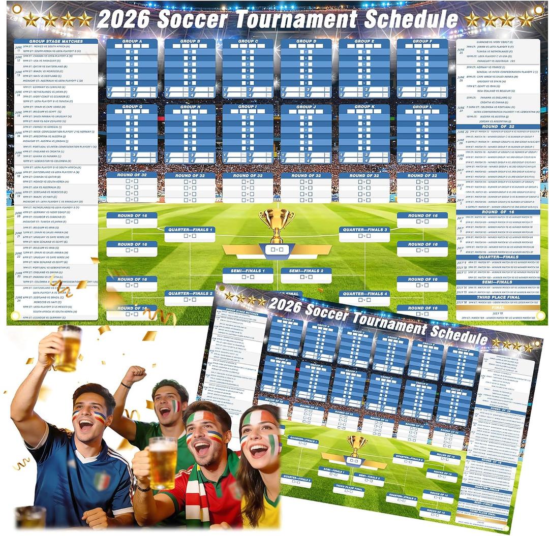 2 x 3x5 Ft 2026 Soccer Tournament Schedule Wall Chart, Match Fixtures Wall Poster Group Stage & Knockout Stage Match Schedule for 48 Teams, Jumbo Banner for Soccer Party Decor, Home Bar & Fan Gifts (A)