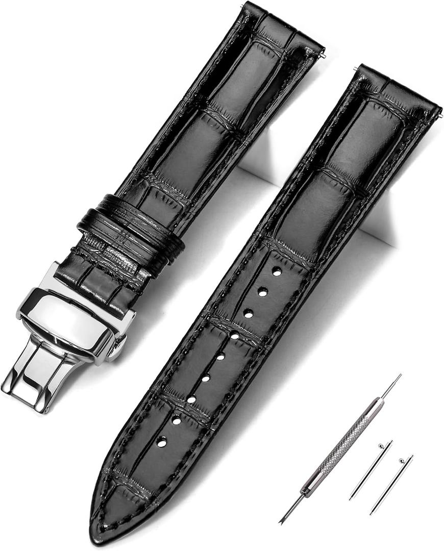 EACHE Croco Design Leather Watch Bands for Men Women,Quick Release Strap with Butterfly Deployment Buckle 18mm 19mm 20mm 21mm 22mm 24mm (Black-Silver Buckle)
