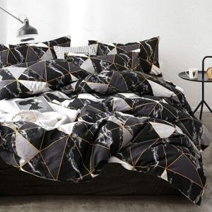 Cottonight Black Queen Comforter Set Geometric Black Marble Bedding Comforter Set Full Plaid Cotton Modern Lightweight Black White with Gold Lines Comforter for Women Men