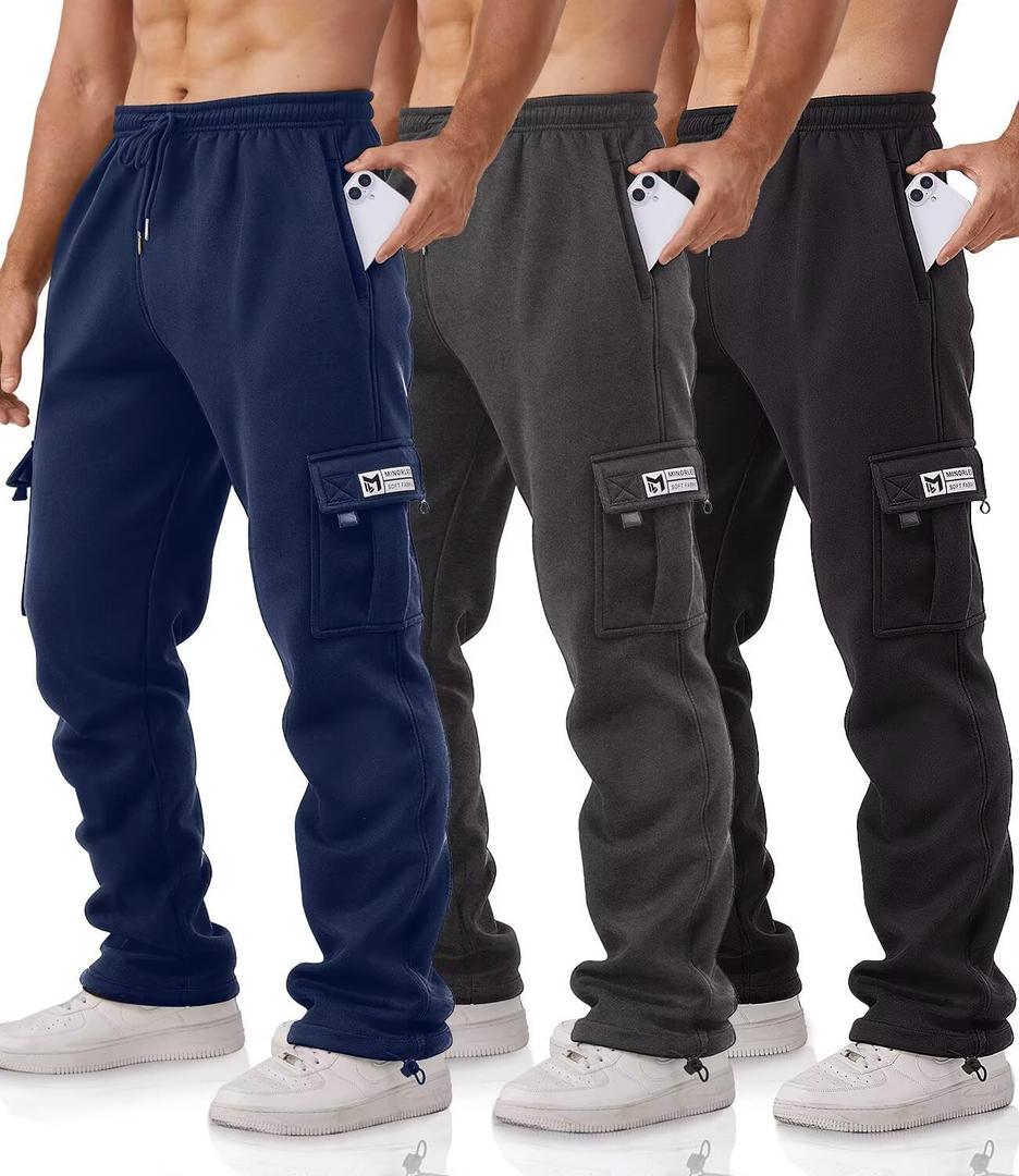 Cargo Pants for Men 3 Pack Relaxed Fit Mens Joggers with Pockets,Fleece Hiking Tactical Workout Pants Casual (Large, Black,dark Gray,navy)