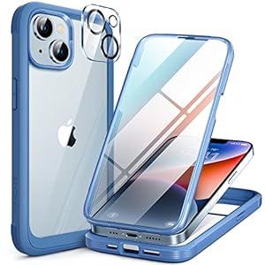 Miracase Glass Series for iPhone 14 Case 6.1 inch, [Built-in Tempered Glass Screen Protector] [Bubble Free] Full-Body Protective Bumper Phone Case with Camera Lens Protector, Blue