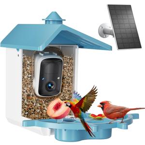 Smart Bird Feeder with Camera - 2K Bird Camera for Outdoors Solar Powered, Birdhouse with Al Identify Species, Instant Alert, Auto Capture, IP65 Waterproof, Ideal Gift for Dad Mom BirdLovers, Blue