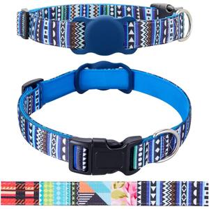 AirTag Dog Collar for Small Medium Large Dogs, Animire Soft Neoprene Padded Pet Cat Collar, Polyester Puppy Collar with Silicone Air Tag Case Holder Accessories, 10''-16'' Neck (Bohemia Navy)