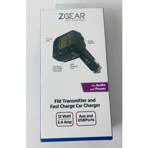 ZGear FM Transmitter and Fast Charging Car Charger 12 watt 2.4 amp Aux & USBport