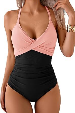 B2prity Women's Medium One Piece Swimsuits Tummy Control Front Cross Bathing Suits Tie Back Slimming V Neck Swimwear Medium