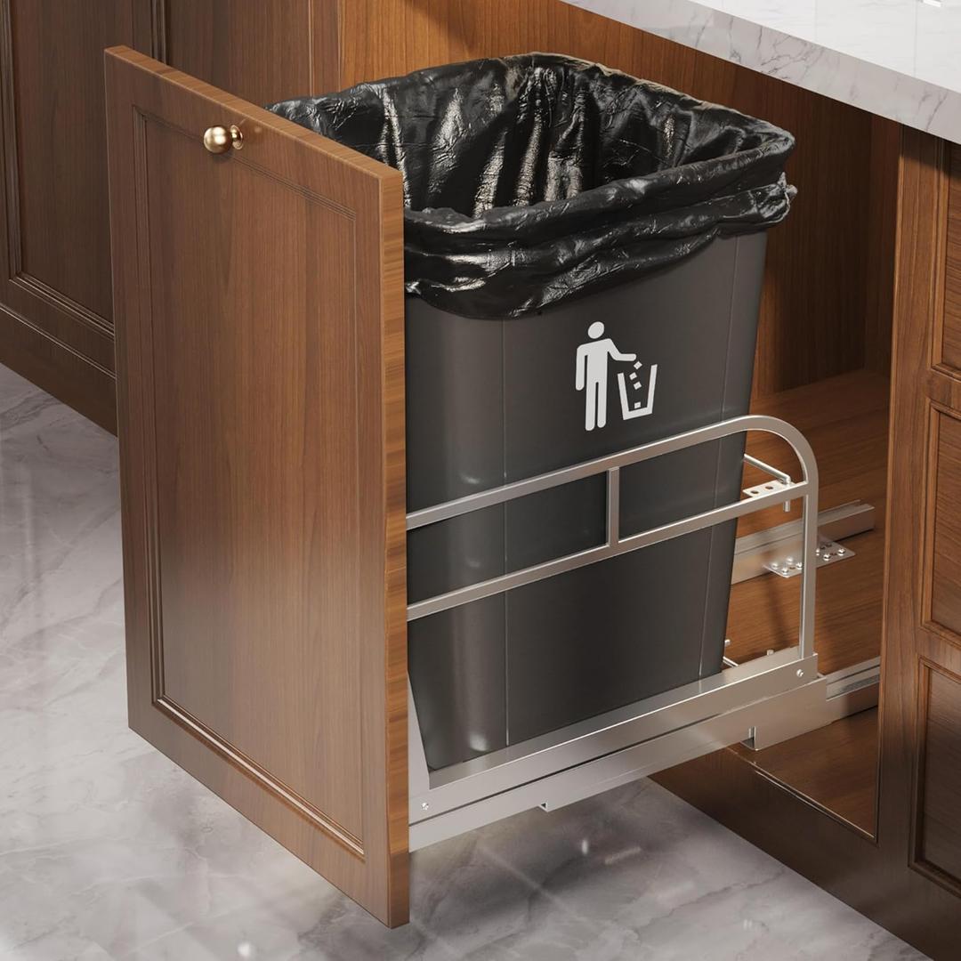 40 Qt Pull Out Trash Can Under Cabinet with Soft-Close Slides,Door Mounting Under Sink Garbage Can Slide Out Kit for Kitchen, Garbage Can Not Included, Requires Minimum Cabinets Opening 13" W X 18" D (Single-11" W x 16.5" D, Silvery)