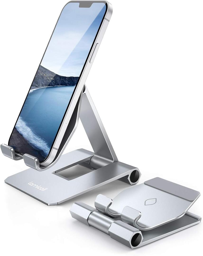 Lamicall   Adjustable Cell Phone Stand Desk - Foldable Desktop Phone Holder, Cradle, Dock, Compatible with iPhone 15 14, Plus, Pro, Pro Max, 13 12 X XS,4-11'' Phone Sliver