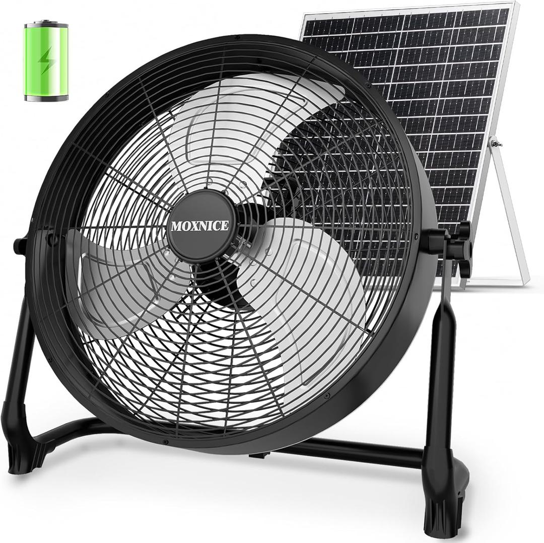 18” Solar Fan, 40W Portable Solar Powered Fan, Rechargeable Battery Operated Floor Fan with Metal Blade & Quiet Brushless Motor for Home Outdoor Garage Greenhouse Camping, USB Charging, Black 18" Fan L