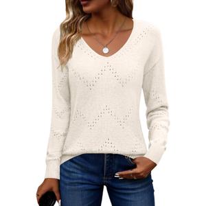 Zeagoo Womens Sweaters Fall Trendy Casual Long Sleeve Shirt Lightweight V Neck Off Shoulder Crochet Pullover Top Outfit (Large, B-beige)