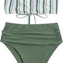 SweatyRocks Women's Bathing Suits Striped Bandeau Bikini high Waisted Swimsuits Swimwear Set (Army Green) S