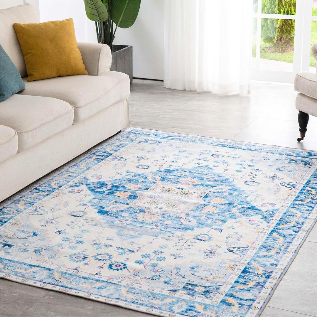 Syalife 10x14 Washable Area Rug, Ultra Soft Non-Slip, Low Pile, Stain Resistant Vintage Area Rug for Living Room, Boho Carpet for Bedroom, Dining Room, Office, Foldable Large Rugs, Blue/Multi