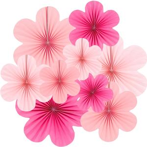 Easy Joy Hot Pink Paper Flowers Decorations for Wall Pink Paper Fans Classroom Decoration Paper Floral Backdrop Decor Paper Fans Decoration Hanging Paper Fans Pink Flower Wall Decor, Set of 9