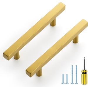 Ravinte 10 Pack Gold Cabinet Handles 3-3/4 Inch Brushed Brass Square Cabinet Pulls Gold Hardware for Kitchen Cabinets - 6 Inch Total Length