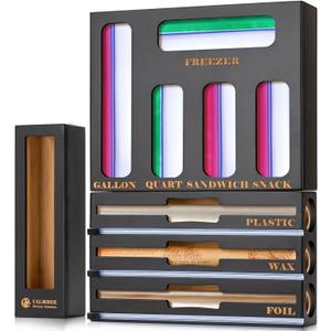 Calmbee 9-in-1 Bamboo Kitchen Organizer - Black & Multicolor Modern Minimalist Caddy with 3-in-1 Wrap Dispenser, Cutter & Bag Organizer