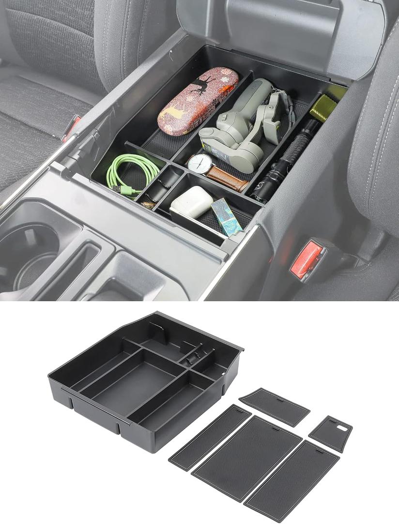 Savadicar Center Console Organizer Compatible with 2015-2025 Ford F150 (Not Fits 40/20/40 Jump Seat Console), ABS Armrest Insert Storage Tray With Liner Pad, Interior Accessories, Black