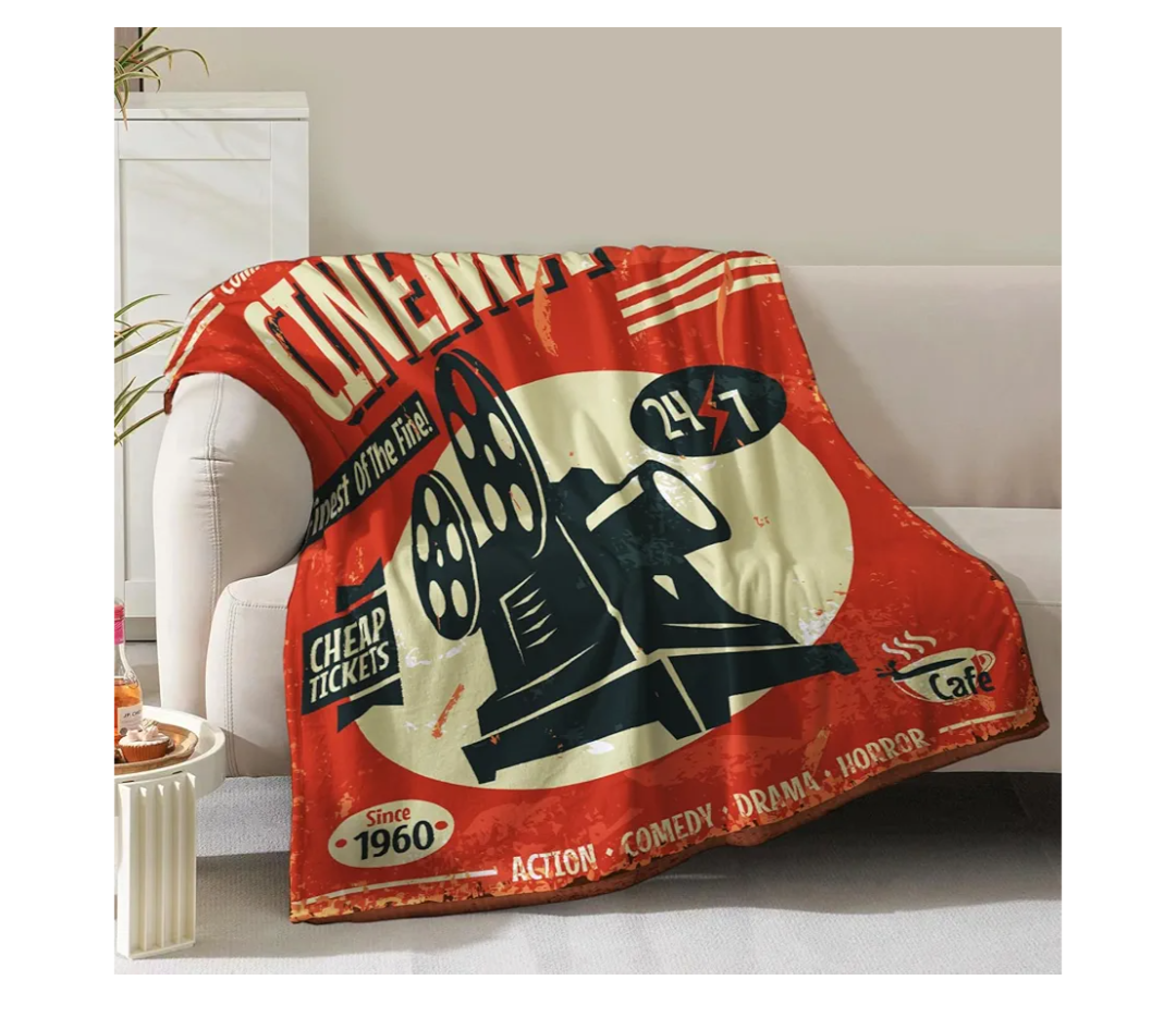 Movie Blanket Gifts for Women Men Girls Boys Vintage Cinema Theater Film Player Print Presents for Kids Adults Teen Birthday Christmas Decor Bedroom Living Room Couch Sofa Soft Flannel Throw 60"x50"