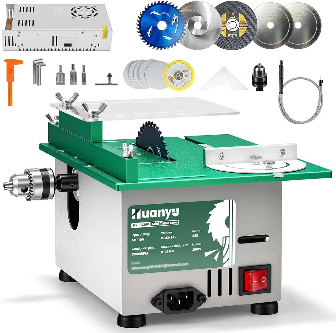 Huanyu Mini Table Saw 300W 1.14IN Cut Depth Portable Precision Hobby Table Saws Set for Wood Model DIY Crafts Woodworking 0-180° Angle Cutting Multifunctional 7-Level Speed Adjustable