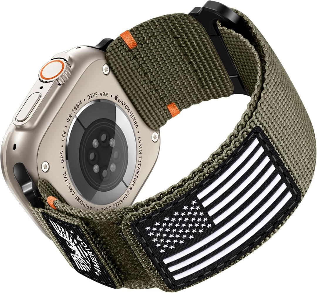 Rugged Strap Compatible with Apple Watch Ultra 2 Band 49mm for iWatch Bands 46mm 45mm 44mm 42mm(S3/2/1) Men, Soft Woven Flag Wristbands Strap for Apple Watch Ultra Series /10/9/8/7/6/5/4/SE/Ultra (Green-Eagle Flag)