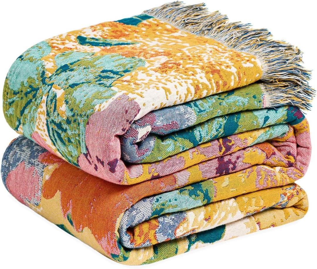 MSGKV Boho Throw Blanket for Couch 50"x60" Cotton Floral Blankets for Sofa Chair Spring Breathable Farmhouse Home Decor All Seasons Lightweight Muslin