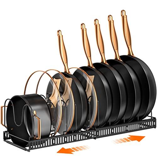 MUDEELA Pots and Pans Organizer : Rack for under Cabinet, Expandable Pot Lid Kitchen Cabinet Organizer Holder with 10 Adjustable Compartment, for Cutting Board, Cast-iron Pan, Heavy Cookware