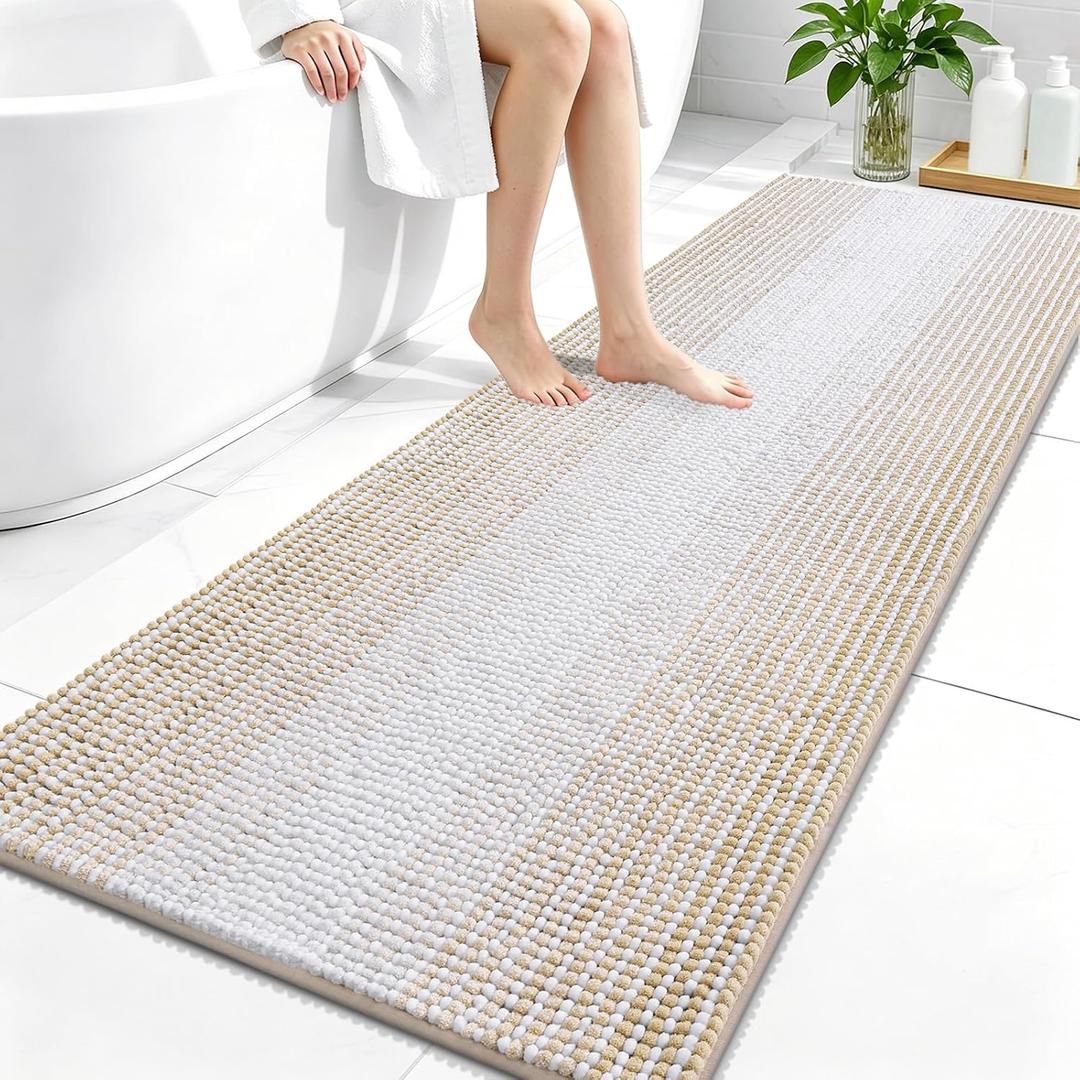 OLANLY Bathroom Runner Rugs 59x24, Soft Chenille Striped Bath Rugs, Beige