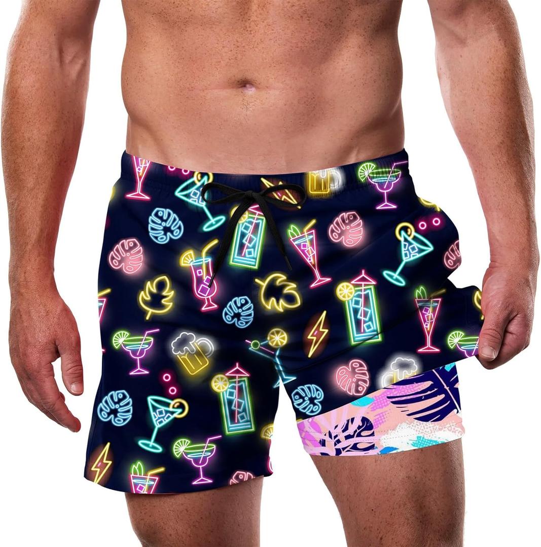 Cozople Men's Swim Trunks with Compression Liner 5.5" Inseam Quick Dry Bathing Suit Boxer Brief Lined Swim Shorts Swimwear (Large)