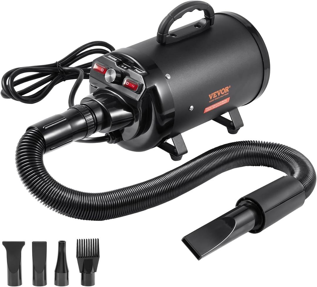 VEVOR Dog Dryer, 2800W/4.3 HP Dog Blow Dryer, Pet Grooming Dryer with Adjustable Speed and Temperature Control, Pet Hair Dryer with 4 Nozzles and Extendable Hose (Black)