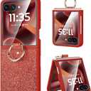 Caka Bling Case for Motorola Razr+ (Plus) & Razr Ultra 2025 Case, with Finger Ring Holder & Built-in Screen Protector, Slim Thin Protective Phone Cover for Razr+ & Ultra 2025 - Red