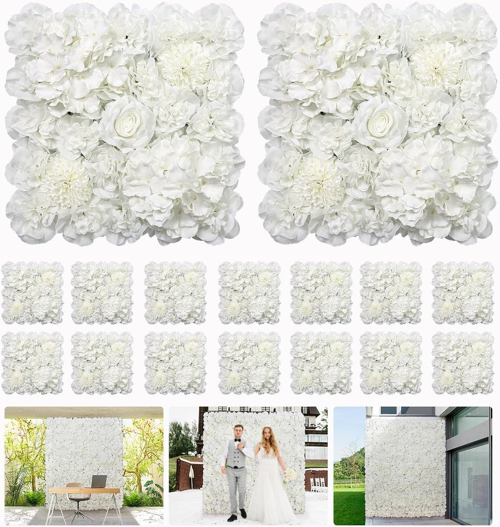 Artificial Flower Wall Backdrop 16pcs 16.5x16.5 Inch Silk Rose Floral Wall Panel Ideal for Wedding Celebrations, Festive Party Backdrops, and Elegant Home Decor-White