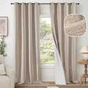 Beige 100% Blackout Curtains for Living Room 90 Inch Length 2 Panels Set, Thermal Insulated Light Blocking Faux Linen Curtains for Bedroom, Bronze Grommet Boho Window Drape Each 52" Wide