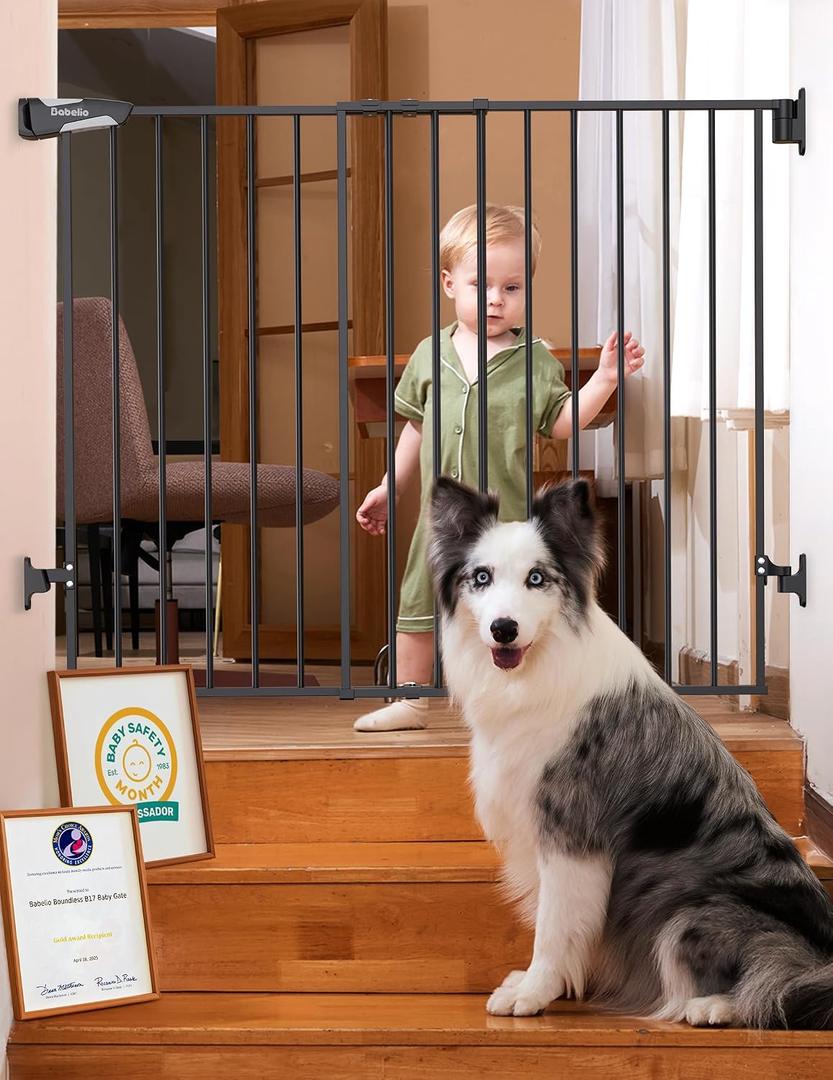 Babelio Baby Gate for Stairs, Kitchen & Doorways, No Bottom Bar| Easy Installation| One-Handed Operation| Auto-Close| Hardware Mount (Drill Needed) Safety Dog Gate (Black - B17, 34" H, 29-49" W-Wide)