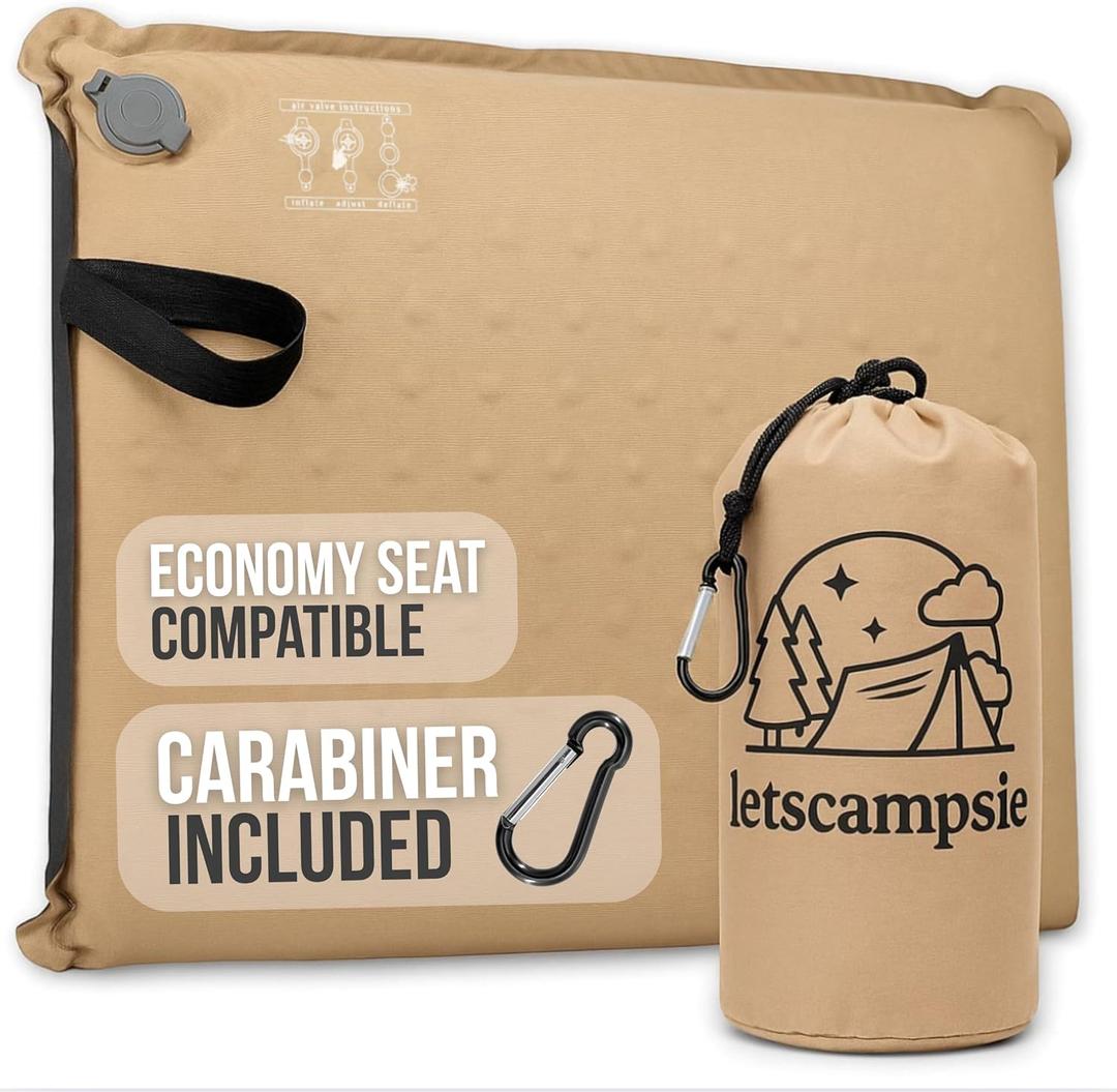 Inflatable Seat Cushion  Stadium, Airplane & Travel Comfort - 2 Inch Thick Self-Inflating Foam, Perfect for Bleachers, Camping, Office, Car - Includes Travel Bag and Carabiner (Khaki/Black)