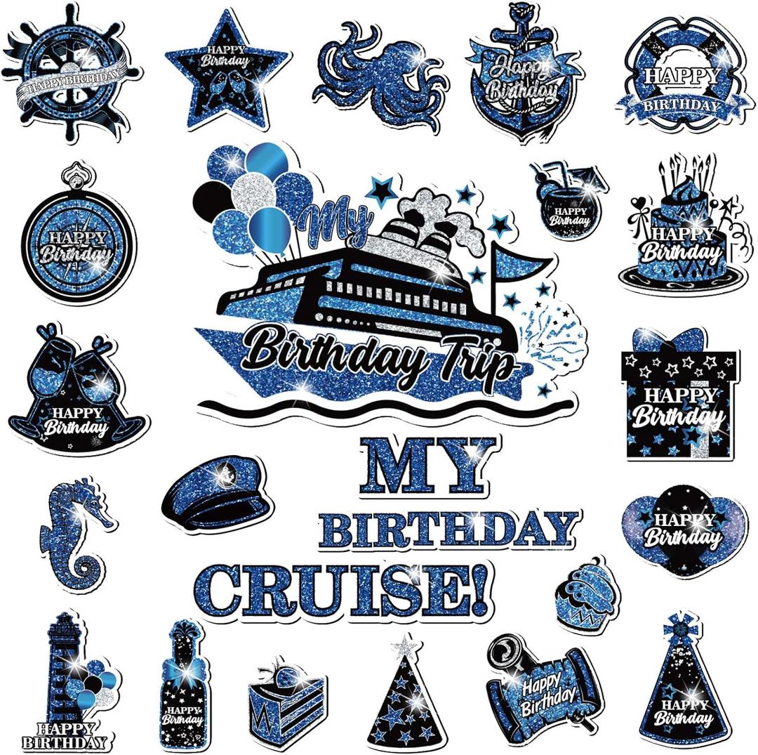 My Birthday Cruise Door Magnets Decorations, Blue Black Silver Happy Birthday Cruise Ship Door Decor Magnetic for Women Men Girls Boys Anniversary Party Supplies Door Refrigerator Fridge Car Kitchen